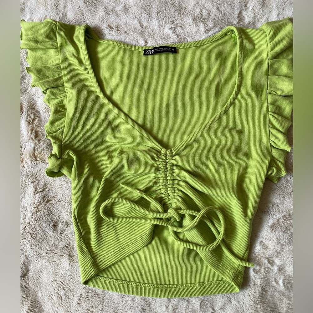 Zara Lime Green Ruched V-Neck Top size M cottton